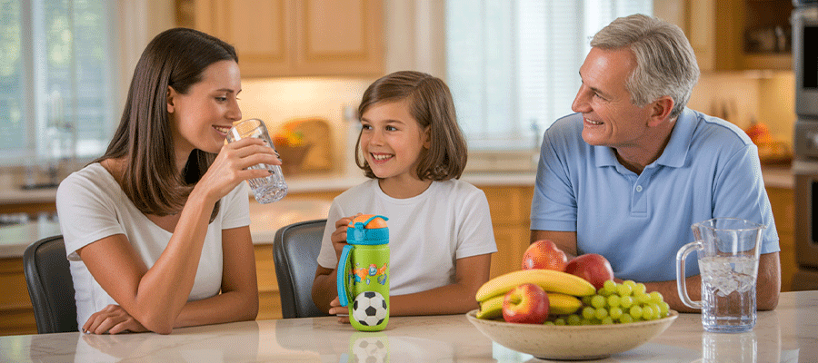 a mother, child and grandfather in a kitchen drinking water for hydration.